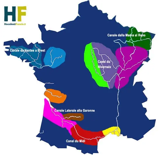 Mappa regioni della Francia con canali navigabili.